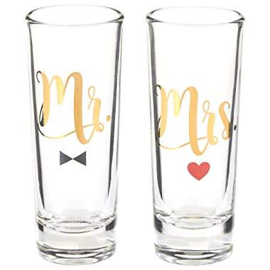 Blue Panda Party Shot Glasses - Mr Mrs Couple Shot Glasses Gold Foil Print Newlyweds, Anniversary, Bridal Shower Engagement - Set of 2, 2 oz Each