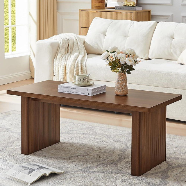 RUSTYER Rectangular Fluted Coffee Table, Farmhouse Wood Coffee Table Mid Century Modern Center Table Boho Living Room Tables for Living Room Office (Walnut, 19.69" D x 43.3" W x 17.72" H)