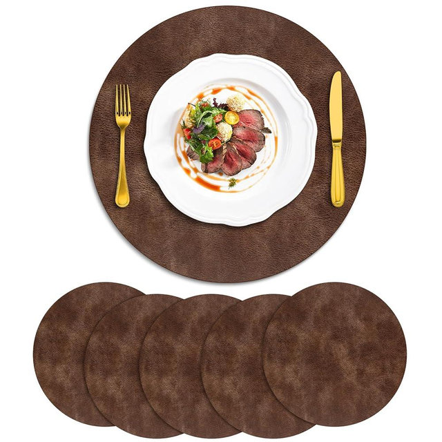 ADRIMER Placemats, Heat Resistant Round Placemats Set of 6 Washable, Waterproof Table Mats, Wipeable Faux Leather Place Mats for Kitchen, Dining Room, Brown