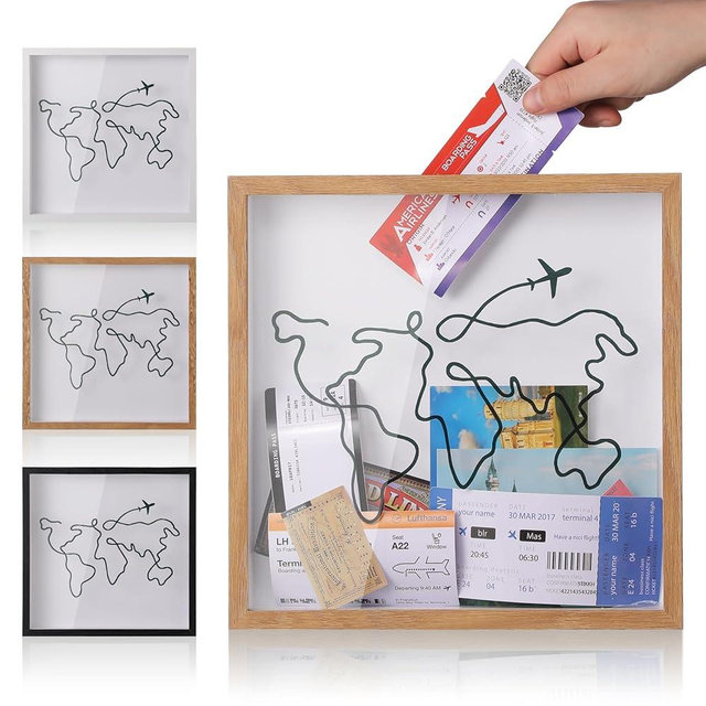 MUXIUNT Travel Adventure Archive Shadow Box for Memories,8&12In Concert Travel Ticket Stub Memory Top Loading Shadow Keepsake Box with Slot On Top,Life in a Shadow Box Travel Gift Frame(Brown, 12x12)