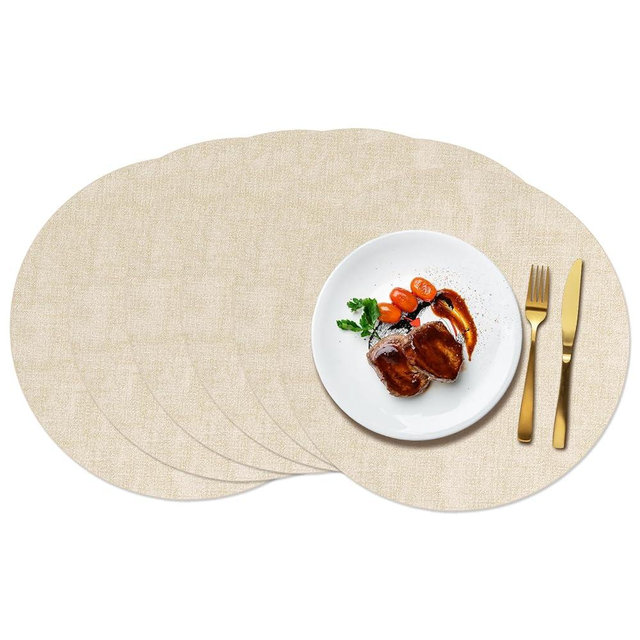 Maxpearl Round Placemats Set of 6, 13.8 inch Faux Leather Heat Resistant Table Mats, Non Slip Waterproof Wipeable Place Mats for Kitchen Dining Holiday Party Table Settings, Beige