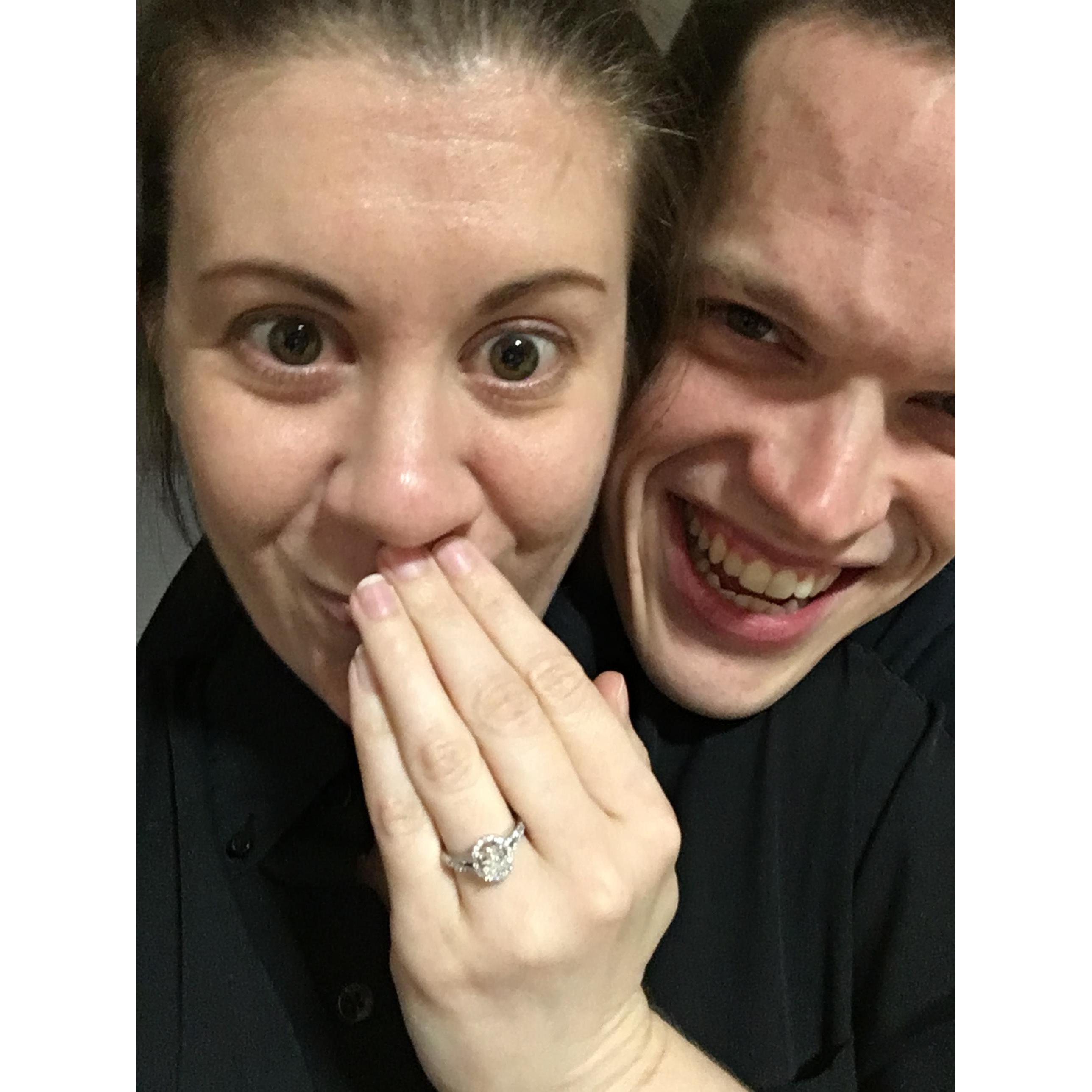 This is so unflattering, but this is us. The night we got engaged, at home, after I got home from work.