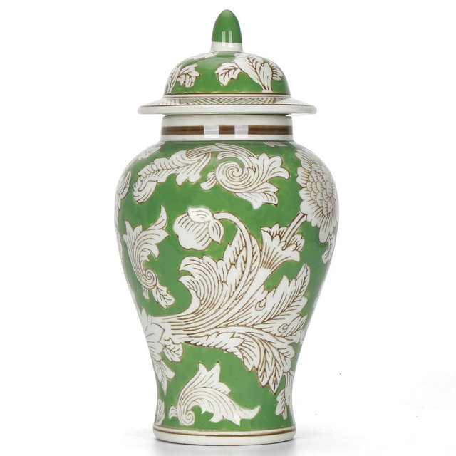 11″ Green Ginger Jar Traditional Peony Temple Jar with Lid Chinoiserie Vase Chinese Style Ginger Jars Antique Home Decor and Interior Design