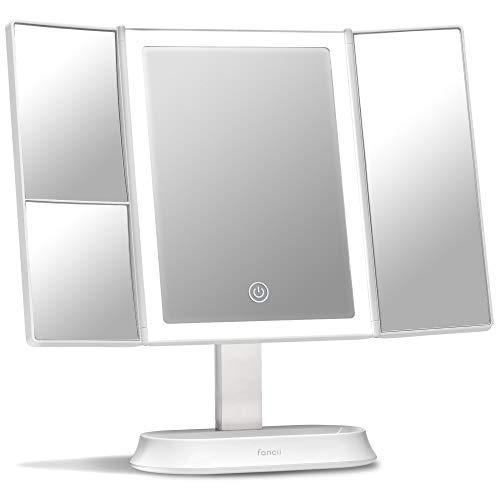 Fancii Trifold Makeup Mirror with Natural LED Lights, Lighted Vanity Mirror with 5x & 7x Magnifications - 58 Dimmable Lights, Touch Screen, Cosmetic Stand (Sora)