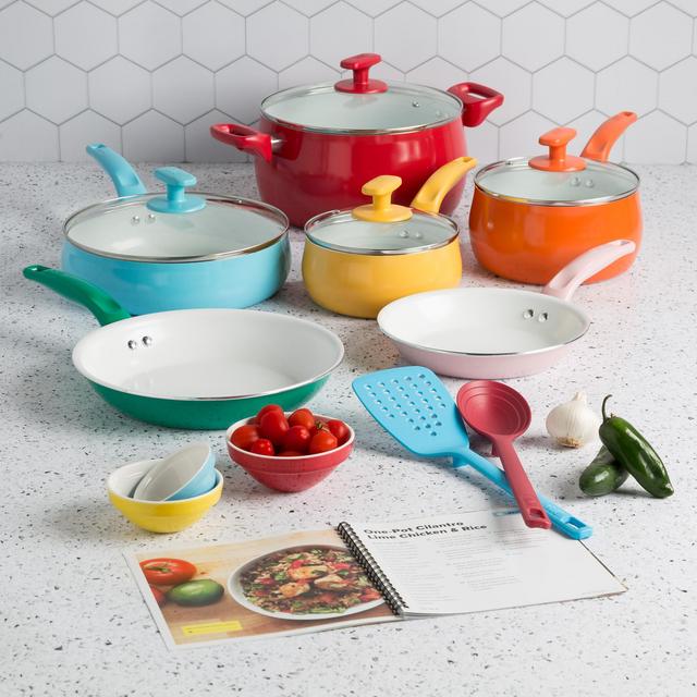 Tasty Ceramic Titanium-Reinforced Cookware Set, Ombre Green, 16 Piece