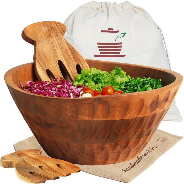 Culina Craftique wooden salad bowl set - Acacia, 11" wooden serving bowl with jute placemats and serving utensils - large fruit bowl for kitchen counter - modern farmhouse decor