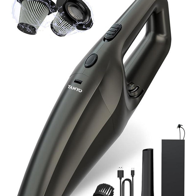 TANYO Car Vacuum Cleaner, Portable Handheld Car Vacuum Cordless with Strong Suction and 12000PA Brushless Motor, Rechargeable Mini Hand Held Vacuum with HEPA Filter for Home, Office Golden Black