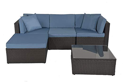 GOJOOASIS Outdoor Patio PE Wicker Rattan Sofa Sectional Furniture Conversation Set with Cushion and Pillow, Steel Frame, Black (5pcs Rattan Sofa Set)