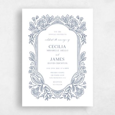 Blue Floral Wedding Invitation - Caleania Portrait Letterpress