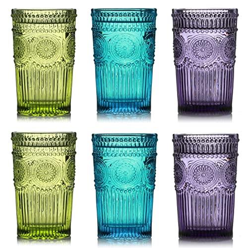 Kingrol 6 Pack Vintage Drinking Glasses, 12 oz Embossed Romantic Water Glassware, Glass Tumbler Set for Juice, Beverages, Beer, Cocktail