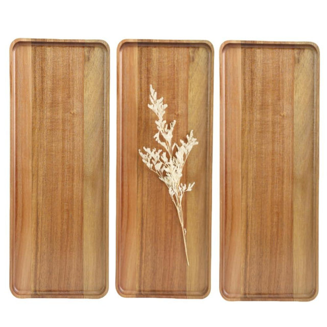 Charmlife 3 pcs 14"x5.3" Solid Acacia Wood Serving Trays Rectangular Wooden Serving Platters Natural Wooden Boards for Bar Coffee Party