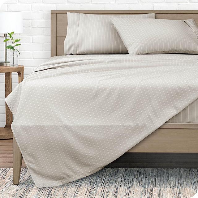 Bare Home Queen Sheet Set - Luxury 1800 Ultra-Soft Microfiber Queen Bed Sheets - Double Brushed - Deep Pockets - Easy Fit - 4 Piece Set - Bed Sheets (Queen, Pinstripe - Stone/White)