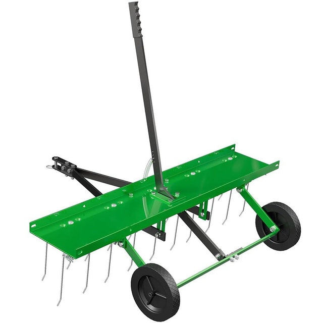 48 Inch Green Tow Dethatcher with 24 Spring Steel Tines, Pull Behind Dethatcher for Outdoor Yard Care, Garden Farm Grass Tractor Rake to Remove Thatch, Leaves and Needles from Large Lawn Areas