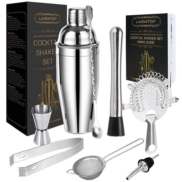 LIVEHITOP Cocktail Shaker Set, Stainless Steel Bartending Kit with 25 oz Martini Shaker, Jigger, Strainer, Mixing Spoon, Muddler, Recipe, Professional Bar Tools Gifts for Him Her