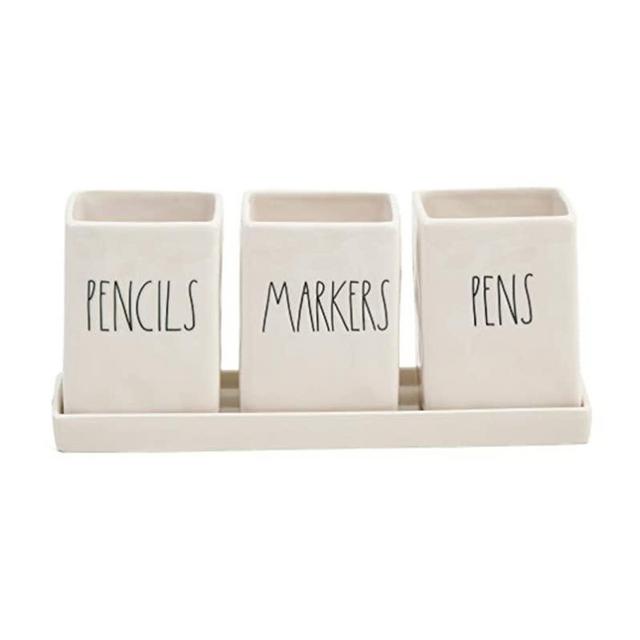Rae Dunn"PENS-MARKERS-PENCILS" Pen Holder Set - Ceramic - very rare!