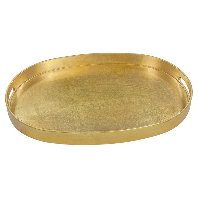 MAONAME Gold Decorative Tray with Handles, Foil Serving Tray for Ottoman, Oval Coffee Table Tray for Living Room, Bathroom, 15.6" L x 10.6" W x 1.4" H