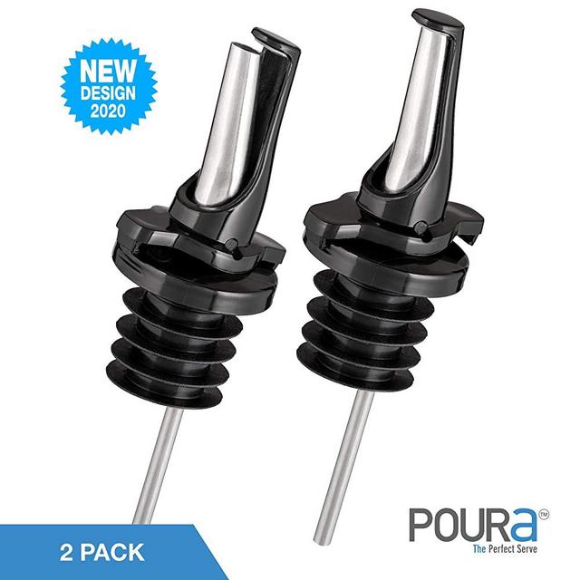 Liquor Bottle Pourers - Patented Design Pour Spouts - Open and Close for Mid Pour Shut Off - Fits Universally to Most Bottles - Meet The New Standard of Bottle Pourers for Alcohol - Black - 2 Pack