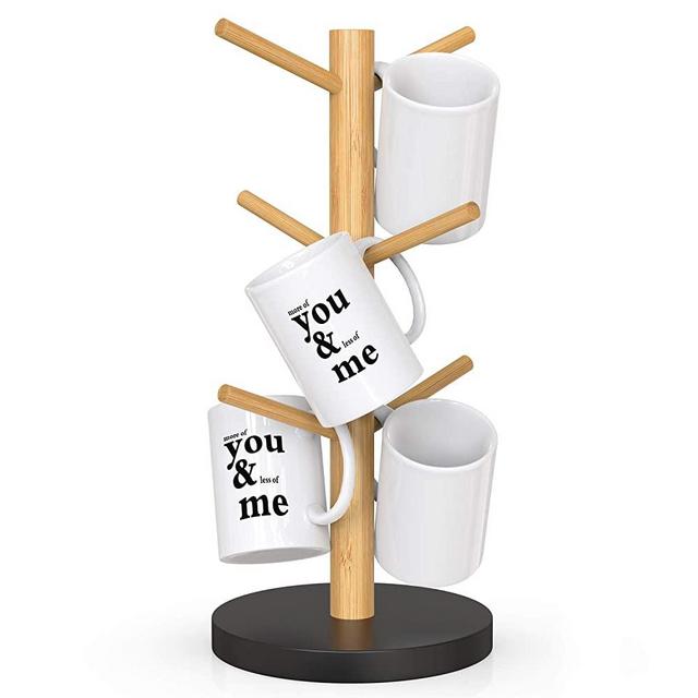 Coffee Mug Tree, Bamboo Coffee Mug Rack Cup Holders for Counter with 6 Hooks