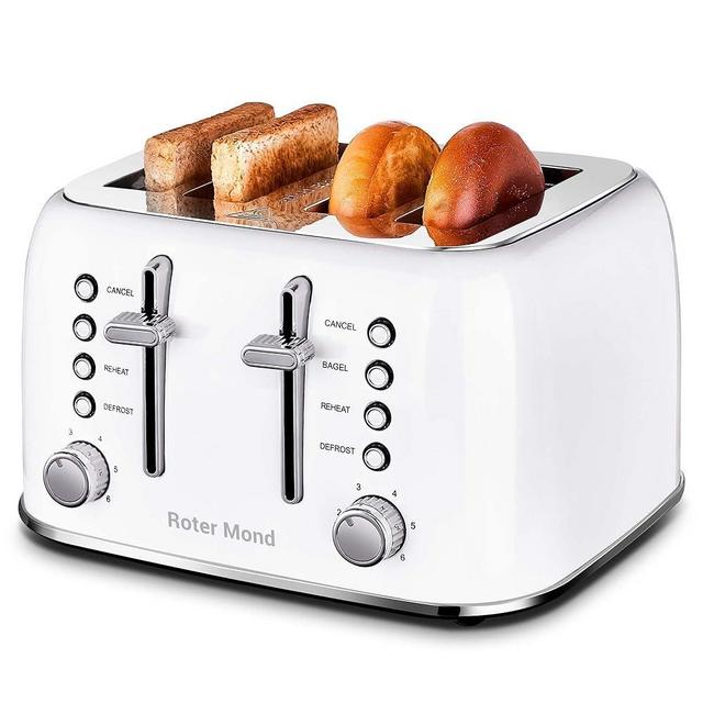Roter Mond Toaster 4 Slice, Retro Stainless Steel Toaster with Extra Wide Slots Bagel, Defrost, Reheat Function, Dual Independent Control Panel, Removable Crumb Tray, 6 Browning Levels, White