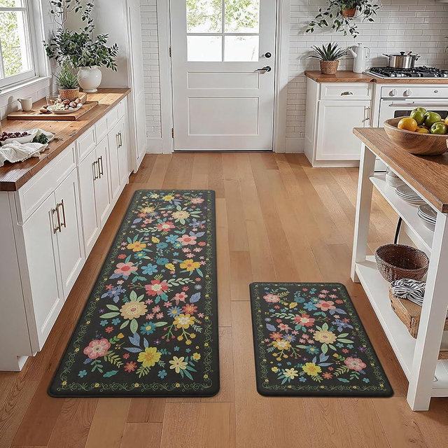 GENIMO Kitchen Mats for Floor 2PCS, Cushioned Kitchen Rugs Non Slip Washable, Farmhouse Anti Fatigue Mat Waterproof, Comfort Standing Mat Rug for Laundry, Office, Home, Sink, 23.6"x71"+20"x32", Black