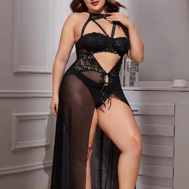 Plus Contrast Lace Harness Maxi Dress With Thong