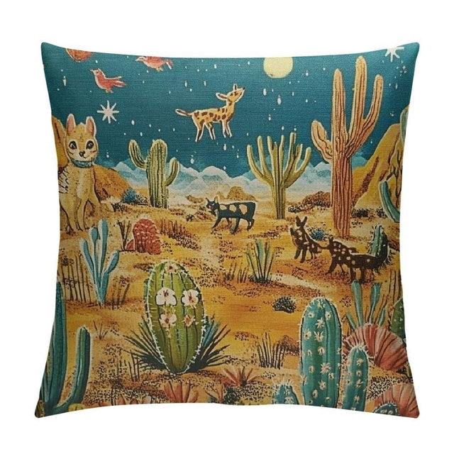 FUXIDURA Desert Throw Pillow Cushion Case, Wilderness Animals Fox Owl Camel Armadillo Cactus Snake Pattern, Decorative Accent Pillow Cover, Earth Yellow and Multicolor 18x18in