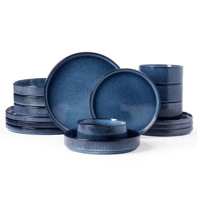 Famiware Star Dinnerware Set with Pasta Bowls, Service for 4 (16pcs), Ribbed Stoneware Plates and Bowls Dishes Sets - Chip & Scratch Resistant, Microwave & Dishwasher Safe, Nebulas Blue