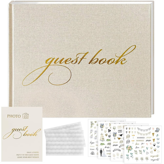 VersaNest Premium Wedding Guest Book with 200 Stickers – Elegant Linen Guest Sign in Book for Wedding Reception, Polaroid Photo Corners & Table Sign, Keepsake Memory Book