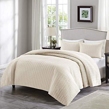 Comfort Spaces Kienna 3 Piece Quilt Coverlet Bedspread Ultra Soft Hypoallergenic Microfiber Stitched Bedding Set, Full/Queen, Ivory