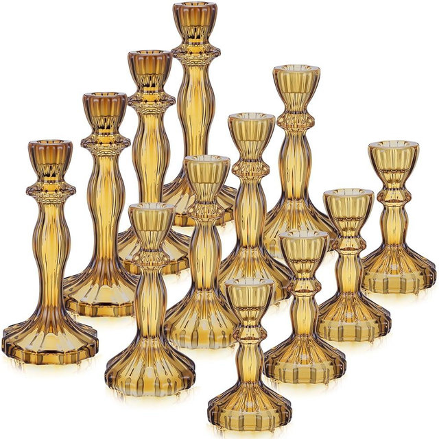 Mumufy 12 Pcs Taper Candle Holders Christmas Glass Candlestick Holder Fit 0.8 Inch Candles 4'' 6'' 8'' Tall Crystal Decorative Candlestick Stand Centerpiece for Wedding Xmas Party Proposal (Amber)