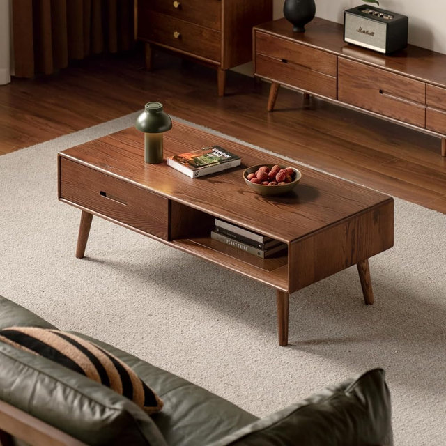 Vadisun 100% Solid Wood Coffee Table for Living Room, 47.24" W Oak Coffee Table with Storage Shelf and 2 Drawers, Mid-Century Modern Coffee Tables for Home (Oak Walnut Colour)