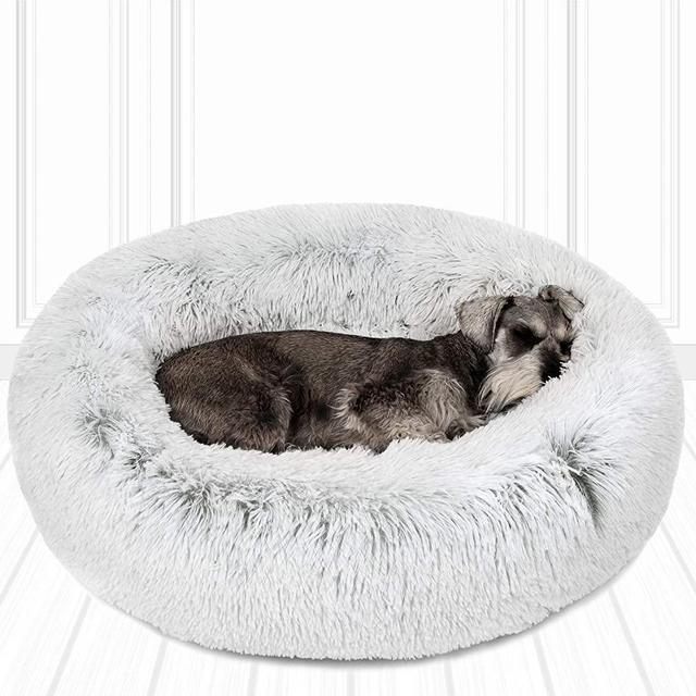 Friends Forever Donut Cat Bed, Faux Fur Dog Beds for Medium Small Dogs - Self Warming Indoor Round Pillow Cuddler Pink & Tan & Grey & Ivory