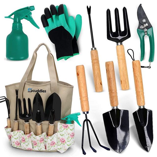 Scuddles Garden Tools Set - 8 Piece Heavy Duty Gardening Kit with Storage Organizer, Ergonomic Hand Digging Weeder Rake Shovel Trowel Sprayer Gloves Gift for Men Or Women