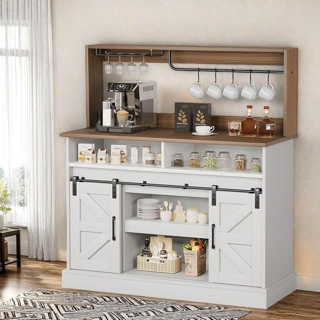 YITAHOME Buffet Cabinets with Storage, 47" Coffee Bar with Goblet Holder & Power Outlet, Farmhouse Sideboard Cabinets with Sliding Barn Doors for Kitchen, Living Room (White)
