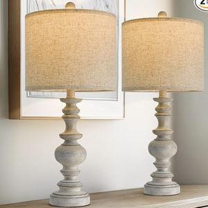 BOBOMOMO 24" Farmhouse Retro Table Lamp Set of 2, Traditional Resin Lamps for Living Room Bedroom, Vintage Bedroom Lamps with Linen Shades, Rustic Table Lamps for Living Room, Nursery, Office