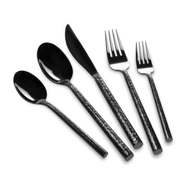 Kelenfer 18/10 Stainless Steel Flatware Set Hand Forged Silverware Set Black Cutlery Set Round Hammered Handle Mirror Finished Heavy Duty 20 Pieces Service for 4