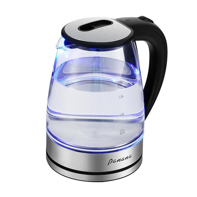 Panana Electric Kettle, 1.8L Glass Kettles with Blue LED, 1500W, Built-In Mesh Filter, Fast Boil, Easy to Clean, Boil-Dry Protection, BPA Free