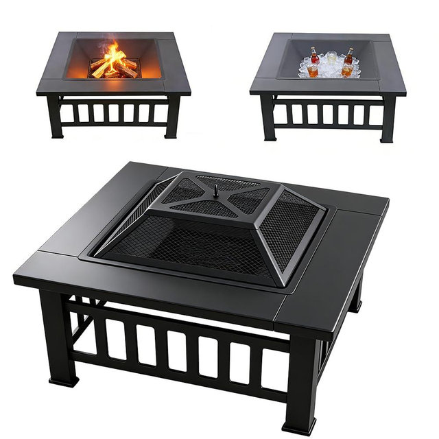 Quilushey 3-in-1 Multifunctional Square Fire Pit Table, 32-Inch Outdoor Metal Fire Pit with Ice Bucket, Black Powder Coated Iron, Charcoal Fueled