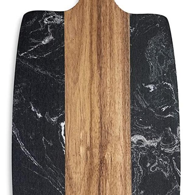 Monowood Premium Acacia Wood & Black Stone Cheese Board - Wooden Kitchen Chopping Boards for Cheese, Meat, Bread, Vegetables & Fruits - Wood Serving Board With Handle，13 x 7 Inch