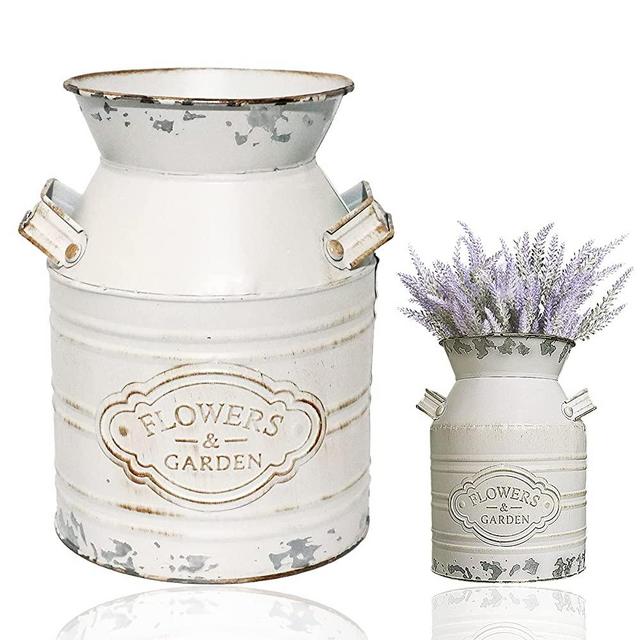 LISM Vintage Metal Flower Vase, Metal Galvanized Milk Can White Farmhouse Vase Decor with Handle for Home Decoration，7.5 inch H