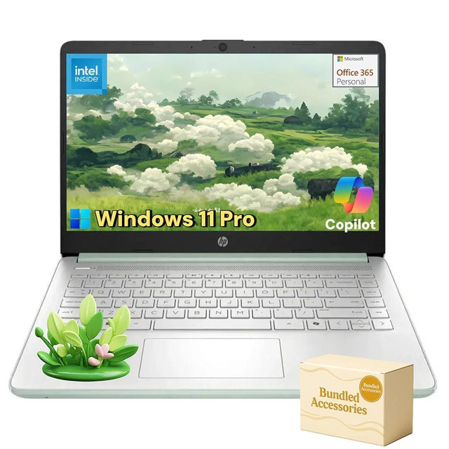 HP 14" Student Business Laptop - Windows 11 Pro • 1-Year Office 365 • Intel Quad-Core N150 • HD Anti-Glare Display • Wi-Fi 6 • Copilot+ PC • Green • 16G RAM • 128G UFS + 256GB Micro SD Card