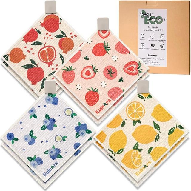 Eulnars Swedish Dishcloths for Kitchen, 8 Pack Swedish Dish Towels with Clips, Non-Scratch Reusable Paper Towels, Super Absorbent Cellulose Sponge Cloths, Biodegradable, Dishwasher Safe, No Odor
