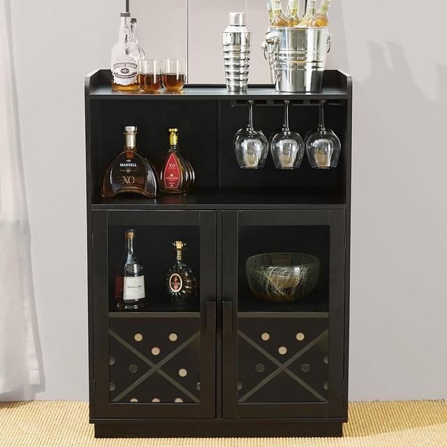 glitzhome Wood Buffet Bar Cabinet Sideboard with Wine Storage Wooden Storage Cabinet with Glass Doors for Kitchen Dining Room Living Room