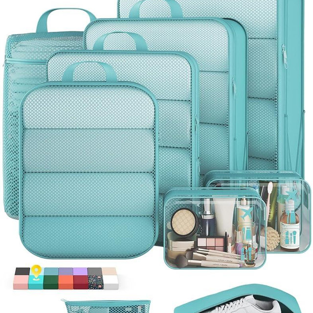 Veken 9/11 Set Compression Packing Cubes for Travel Essentials,Compressible Expandable Large Luggage Suitcase Organizer Bags for Clothing,Durable Space Saver Storage Bags(Blue Green)