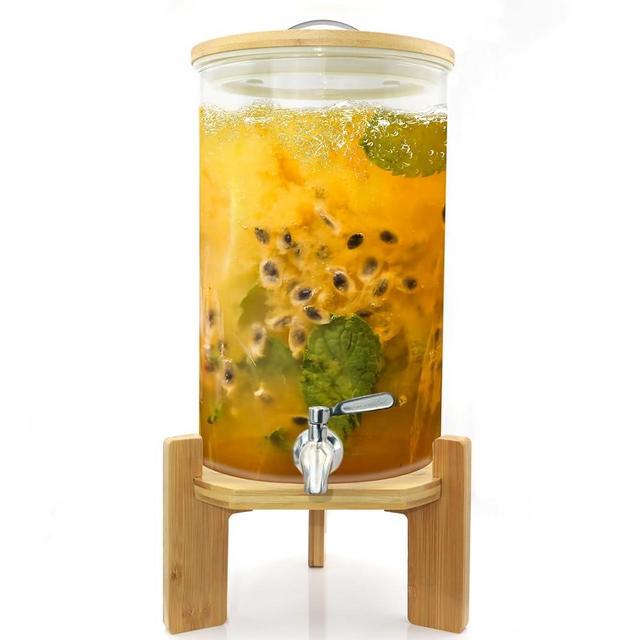 Glass Drink Dispenser with Stand,2.1 Gallons Wood Stand Cold Beverage Dispensers,Glass Beverage Dispenser with Spigot - Large Drink Dispensers For Parties,Bars,Restaurants