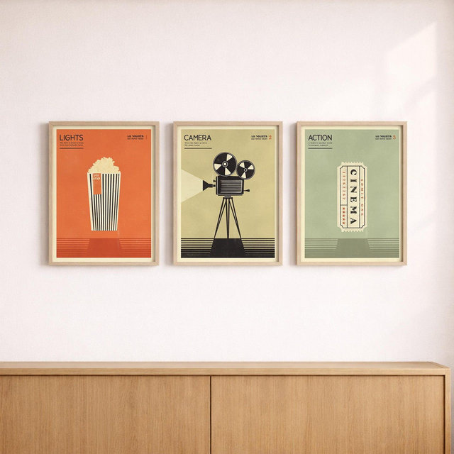 Retro Home Theater Prints – Minimalist Cinema Art - Printed and Shipped