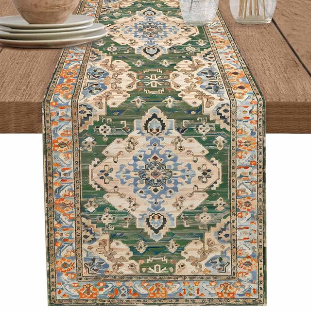 Boho Table Runners 72 Inches Long, Green Brown Ethnic Tribe Abstract Table Runner Dresser Scarf, Vintage Western Kitchen Dining Tables Decoration for Holiday Party Wedding Home Decor, 13"x72"