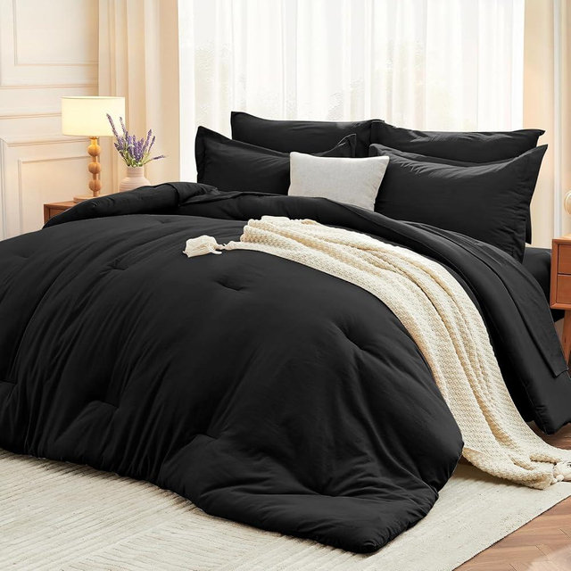 MUXHOMO 7 Pieces Queen Comforter Set, Soft Bed in a Bag Queen Size, All Season Bedding Set with Comforter, Flat Sheet, Fitted Sheet, Pillowcases & Shams, Black