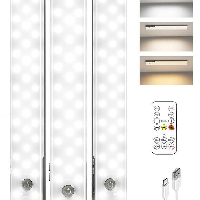 EZVALO 3-Pack Under Cabinet Lighting, 2000mAh Rechargeable Wireless Motion Sensor Lights, 62LEDs, 3 Color Temps, Dimmable, Timer, Magnetic, with Remote Control for Kitchen, Closet, Stair