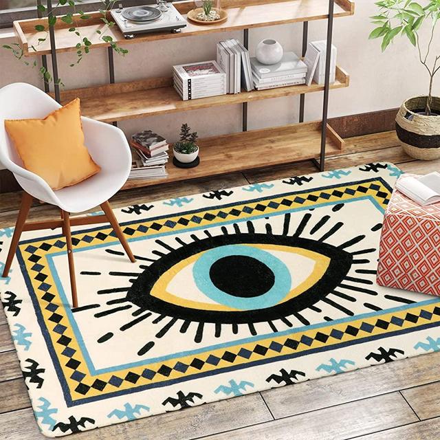 HAOCOO Bule Evil Eye Area Rugs 3’x5’ Large Non-Slip Tribal Style Throw Rugs Super Soft Velvet Creative Accent Distressed Floor Carpet for Bedroom Living Room Nursery Decor